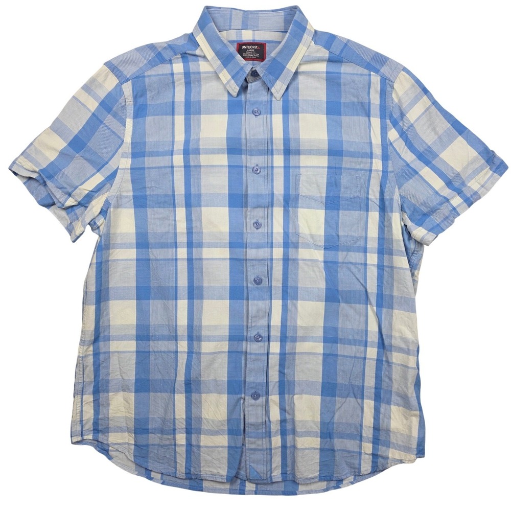 UNTUCKit Mens Blue Plaid Short Sleeve Shirt Organic Cotton Blend SHRUNK "Small"